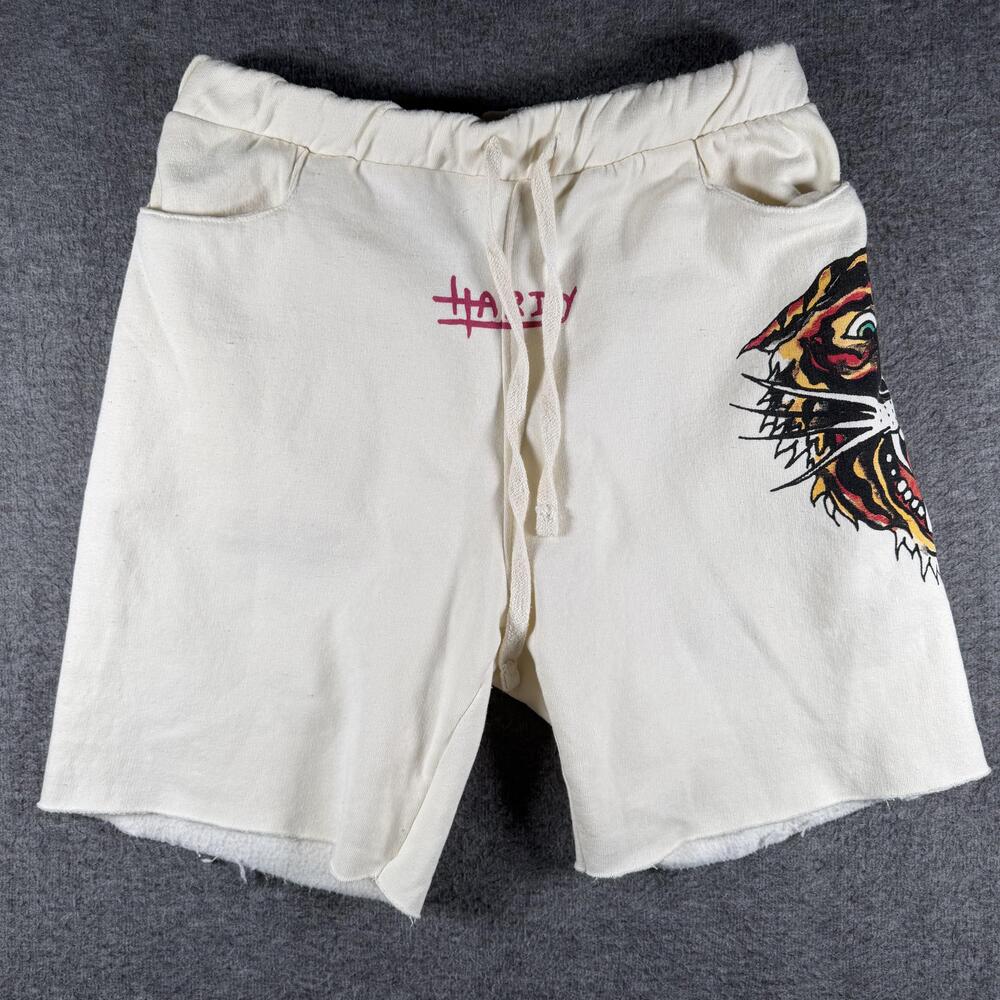 Ed Hardy Sweat Shorts Mens Large White Cotton Polyester Tiger Graphic 8" Inseam